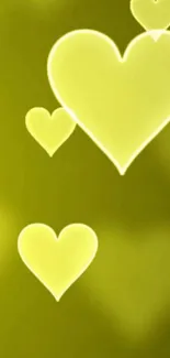 Mobile wallpaper with glowing yellow hearts on olive green background.