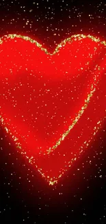 Glowing red heart with golden sparkles on black background.