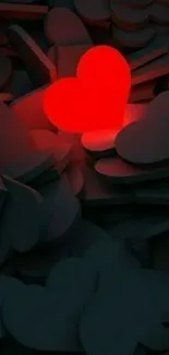 Glowing red heart on dark cloud background.