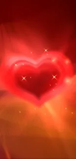 Glowing heart with stars on a vibrant red background.