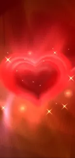 Glowing red heart with sparkles on a vibrant background.