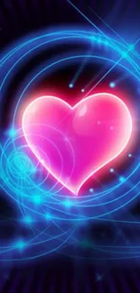 Neon blue and pink glowing heart wallpaper.