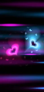 Neon hearts glowing in black wallpaper with vibrant colors.