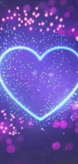 Glowing neon heart with purple aura on dark background.