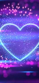 Vibrant neon heart glowing in purple and pink against a dark background.