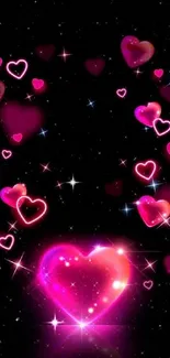 Vibrant pink glowing hearts on a starry night background mobile wallpaper.