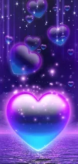 Glowing purple hearts and stars over ocean at night wallpaper.