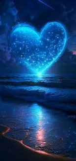 Glowing blue heart above ocean in a fantasy setting.