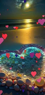 Heart shaped glowing beach design under a moonlit night sky, perfect for wallpaper.