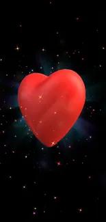 Glowing red heart on a starry black background mobile wallpaper.