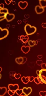 Dark red wallpaper with glowing heart patterns.