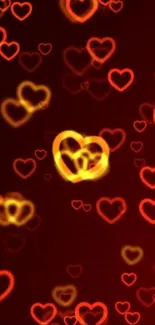 Dark red wallpaper with glowing hearts.