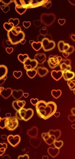 Orange glowing heart pattern on a deep red background for phone wallpaper.