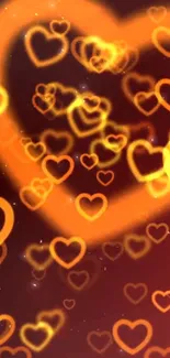 A wallpaper with glowing orange hearts on a dark background for mobile.