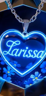 Glowing blue heart pendant with floral background.