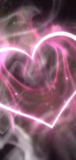 Glowing pink heart with swirling design on dark background.