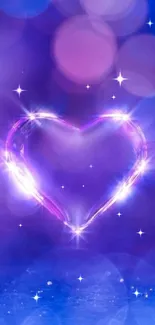 Glowing heart on a purple background wallpaper with shimmering effects.