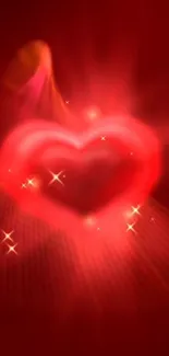 Glowing red heart with sparkling lights on a vibrant background.