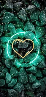 Emerald rocks with glowing heart design.