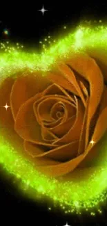 A vibrant orange rose inside a glowing green heart on a dark background.