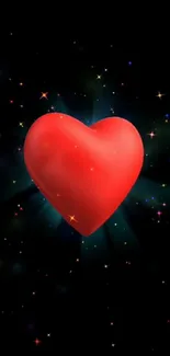 Red heart glowing in a starry space background.