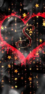 Red heart with golden stars glows on dark background wallpaper.