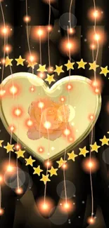 Glowing heart with stars and golden lights on a dark background.