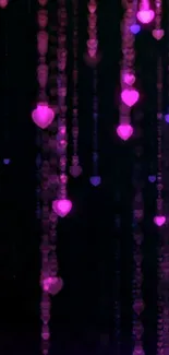 Mobile wallpaper with glowing pink and purple heart strings on dark background.