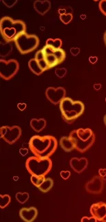 Mobile wallpaper with glowing red hearts on a dark background.