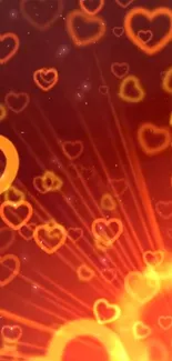 Orange glowing hearts on a warm red background for mobile wallpaper.