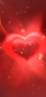 A glowing heart with sparkles on a vibrant red background.