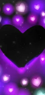 Glowing neon heart with cosmic purple hues on mobile wallpaper.