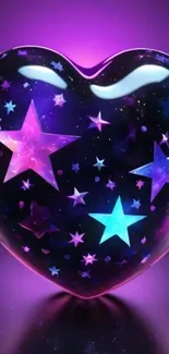 Heart-shaped wallpaper with glowing stars on a purple cosmic background.