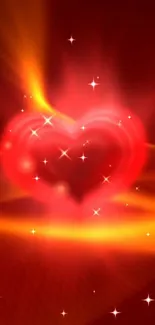 Glowing red heart with sparkles and golden swirls.