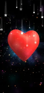 Glowing red heart with stars on dark background mobile wallpaper.