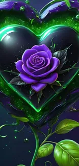 Glowing heart with purple rose in vibrant green hues.