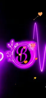 Purple neon wallpaper with heartbeat and heart.