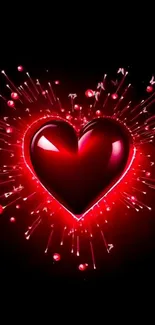 Glowing red heart with sparkling bursts on a black background.