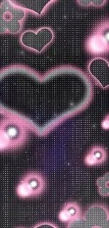 Wallpaper with glowing pink hearts and flowers on black.