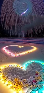 Glowing heart designs on a beach with nighttime sky and colorful lights.