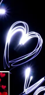 Luminous heart designs on a black background creating a vibrant glow effect.