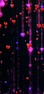 Red and pink glowing hearts on a dark background for mobile wallpaper.