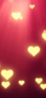 Mobile wallpaper with glowing hearts on pink background.