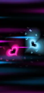 Glowing neon hearts with butterfly accents on a black background.