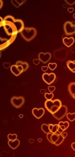 Glowing hearts on a deep red wallpaper background for mobile devices.