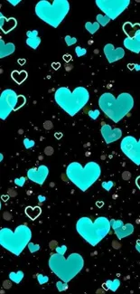 Glowing turquoise hearts on black background.