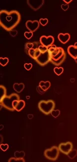 Glowing hearts on a dark red background, creating a romantic wallpaper.