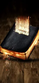 Glowing Holy Bible with sparks on a wooden background.