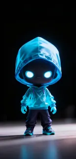 Glowing hooded cartoon character with bright eyes on a dark background.
