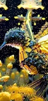 Glowing hummingbird with yellow flowers in fantasy art.